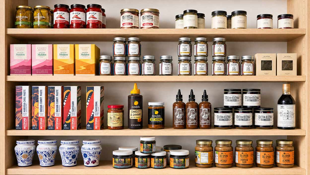 Market Pantry shelves stocked with jars, spices, and sauces